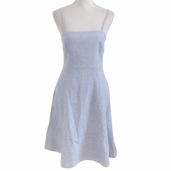 THEORY BLUE WHITE STRETCH LINEN BLEND PERFECT TEA DRESS - 2 - Picture 2 of 10
